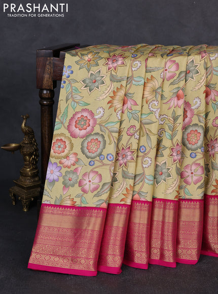 Pure kanchipuram silk saree mustar d shade and pink with allover floral digital prints and rich zari woven border