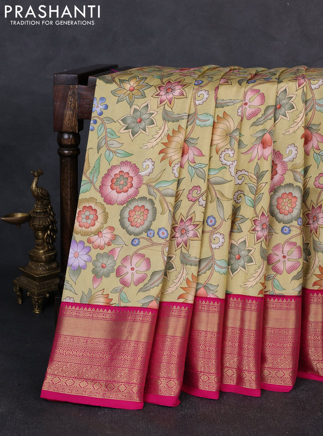 Pure kanchipuram silk saree mustar d shade and pink with allover floral digital prints and rich zari woven border