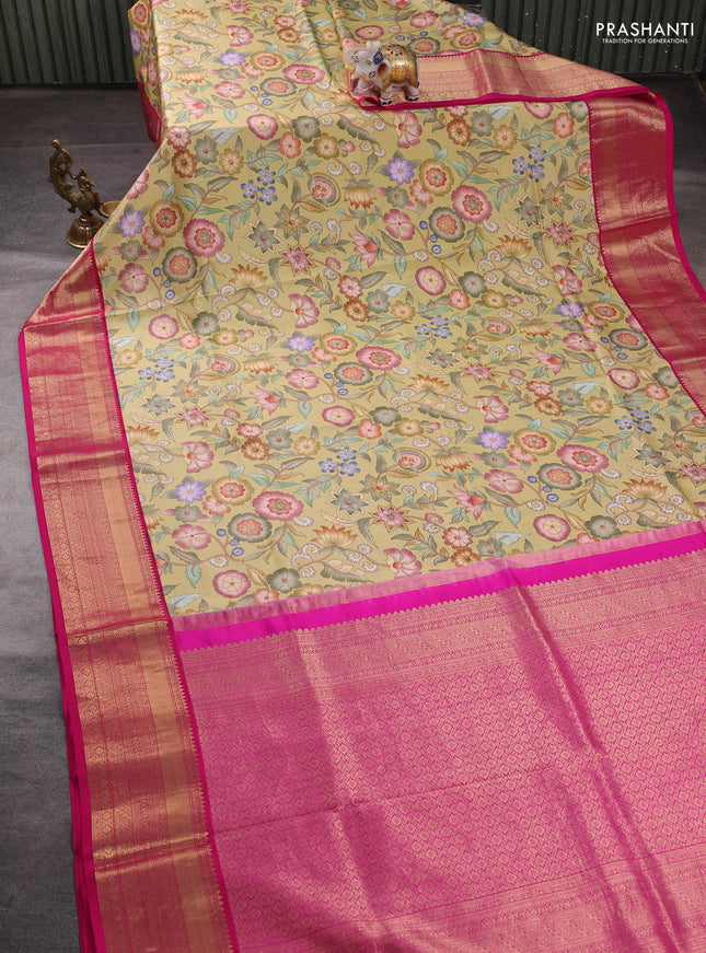 Pure kanchipuram silk saree mustar d shade and pink with allover floral digital prints and rich zari woven border