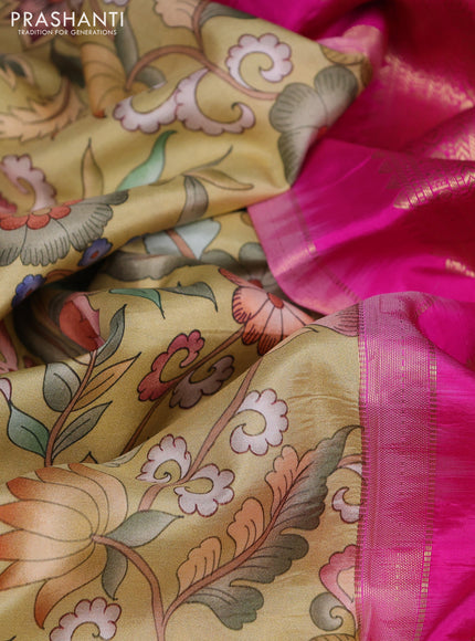 Pure kanchipuram silk saree mustar d shade and pink with allover floral digital prints and rich zari woven border