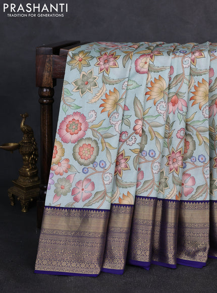 Pure kanchipuram silk saree teal blue and dark blue with allover floral digital prints and rich zari woven border