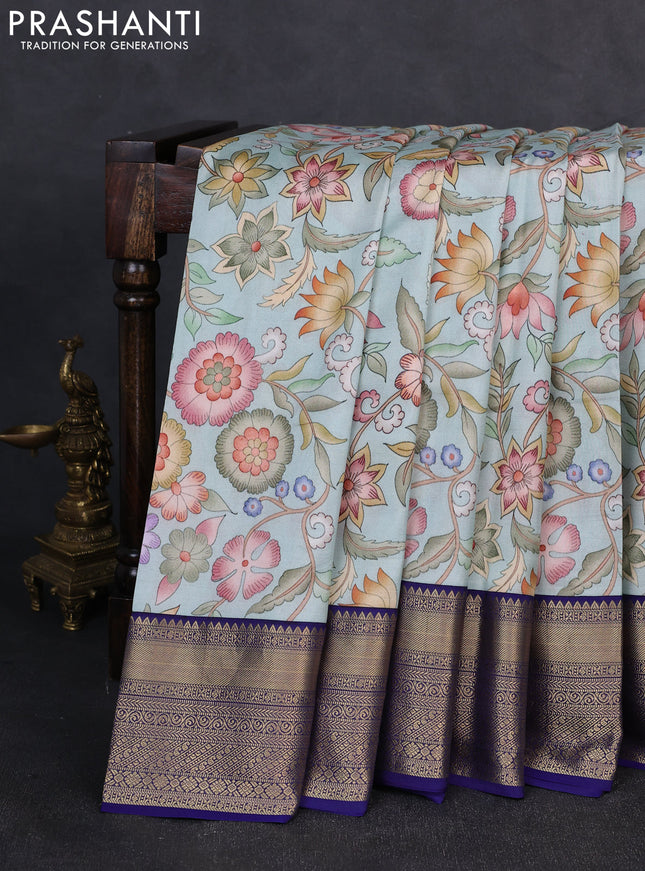 Pure kanchipuram silk saree teal blue and dark blue with allover floral digital prints and rich zari woven border