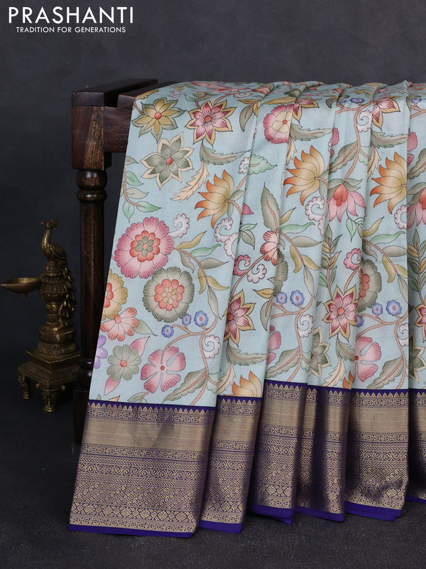 Pure kanchipuram silk saree teal blue and dark blue with allover floral digital prints and rich zari woven border