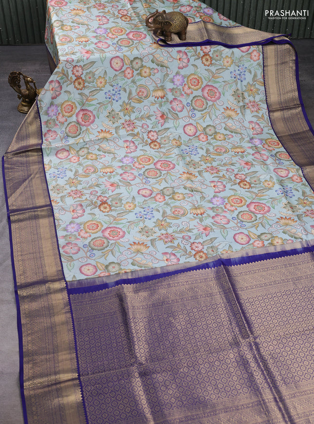 Pure kanchipuram silk saree teal blue and dark blue with allover floral digital prints and rich zari woven border
