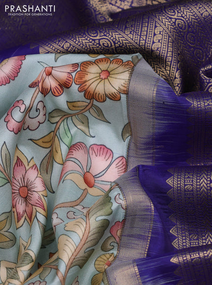 Pure kanchipuram silk saree teal blue and dark blue with allover floral digital prints and rich zari woven border