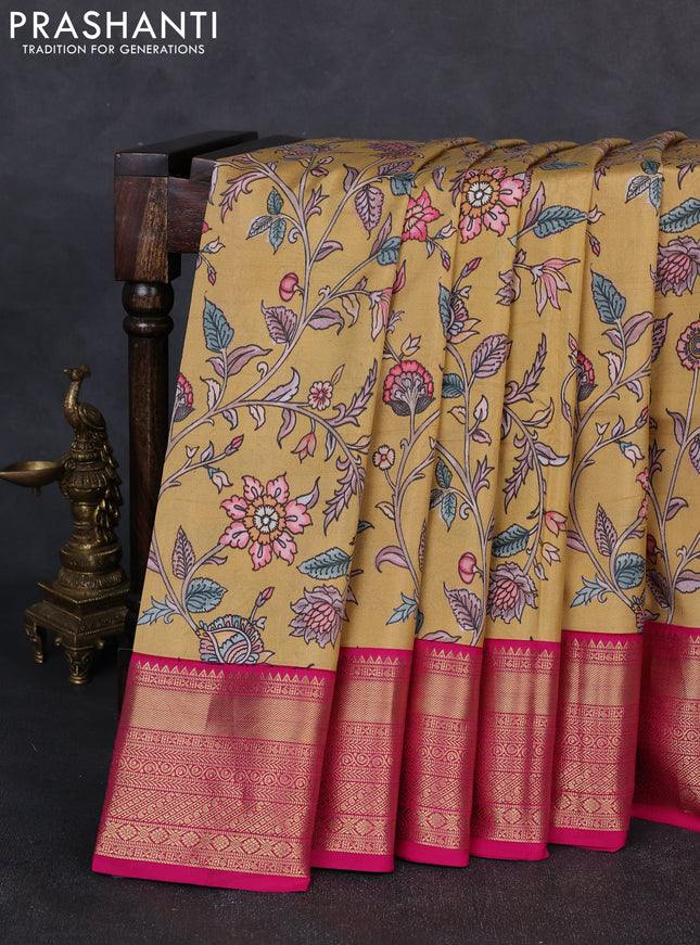 Pure kanchipuram silk saree mustard yellow and pink with allover floral digital prints and rich zari woven border