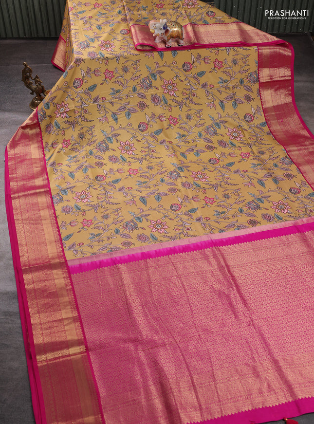 Pure kanchipuram silk saree mustard yellow and pink with allover floral digital prints and rich zari woven border