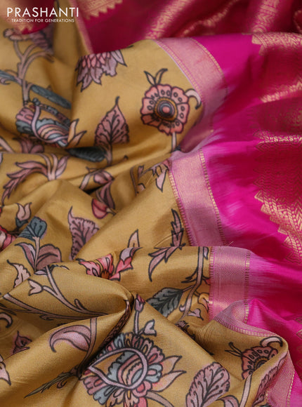 Pure kanchipuram silk saree mustard yellow and pink with allover floral digital prints and rich zari woven border