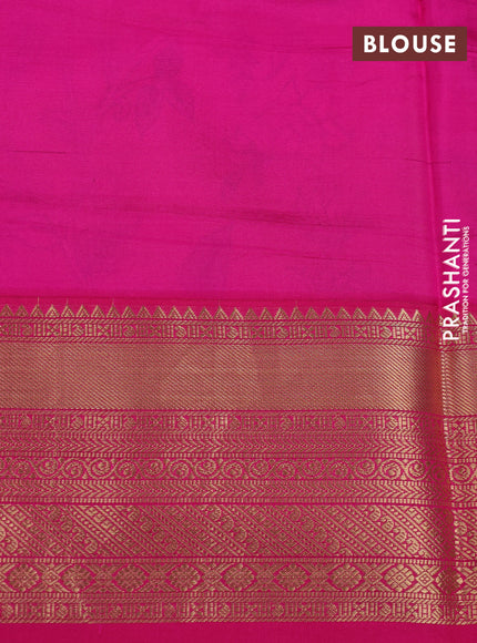 Pure kanchipuram silk saree mustard yellow and pink with allover floral digital prints and rich zari woven border