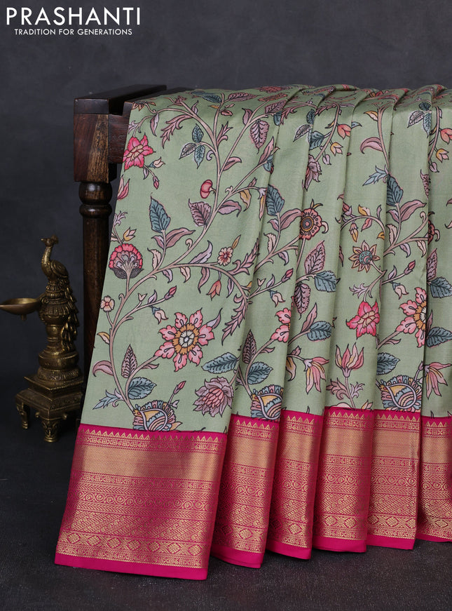 Pure kanchipuram silk saree pista green and pink with allover floral digital prints and rich zari woven border