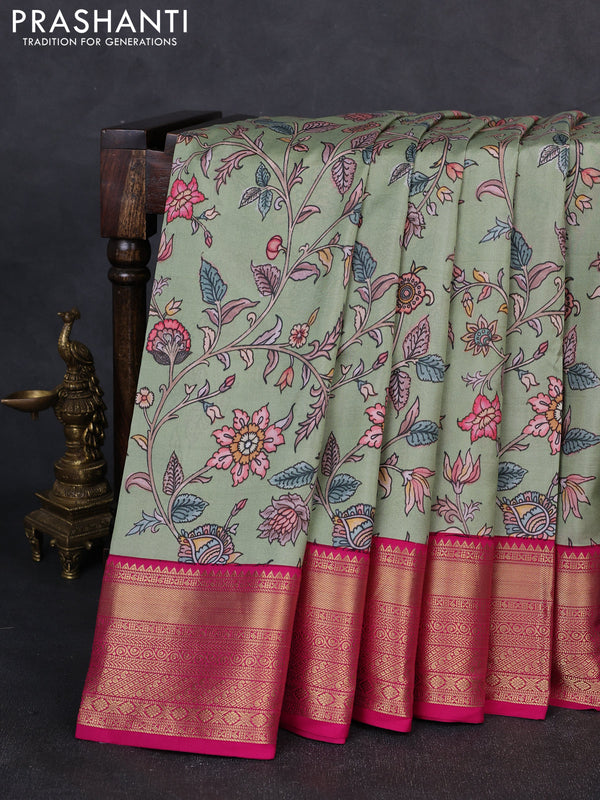 Pure kanchipuram silk saree pista green and pink with allover floral digital prints and rich zari woven border