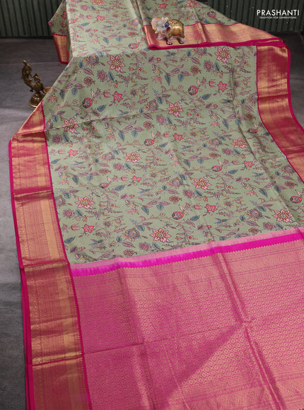 Pure kanchipuram silk saree pista green and pink with allover floral digital prints and rich zari woven border