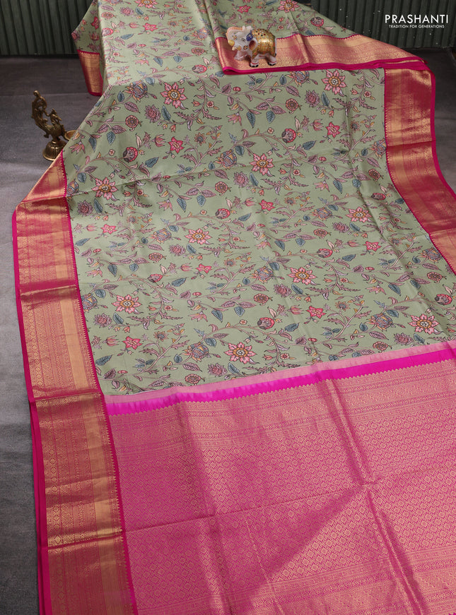 Pure kanchipuram silk saree pista green and pink with allover floral digital prints and rich zari woven border