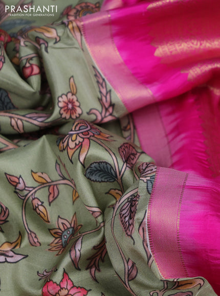 Pure kanchipuram silk saree pista green and pink with allover floral digital prints and rich zari woven border