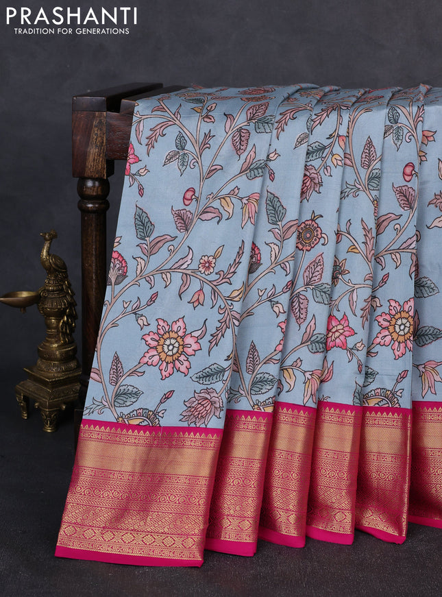 Pure kanchipuram silk saree pastel blue and pink with allover floral digital prints and rich zari woven border