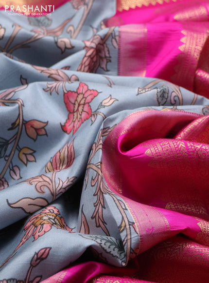 Pure kanchipuram silk saree pastel blue and pink with allover floral digital prints and rich zari woven border