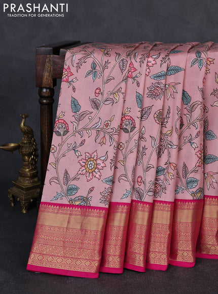Pure kanchipuram silk saree pastel pink and pink with allover floral digital prints and rich zari woven border