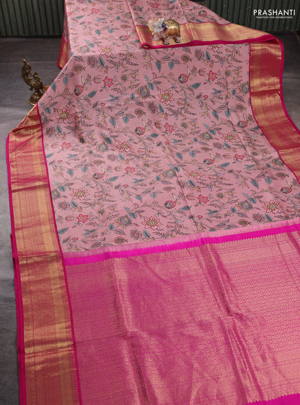 Pure kanchipuram silk saree pastel pink and pink with allover floral digital prints and rich zari woven border