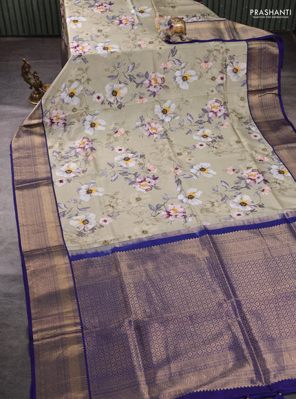 Pure kanchipuram silk saree elaichi green and dark blue with allover floral digital prints and rich zari woven border