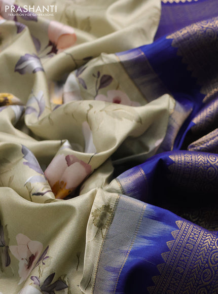 Pure kanchipuram silk saree elaichi green and dark blue with allover floral digital prints and rich zari woven border
