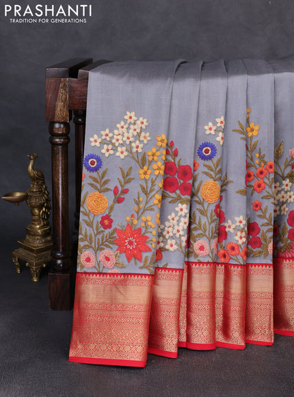 Pure kanchipuram silk saree grey and red with allover floral digital prints and rich zari woven border