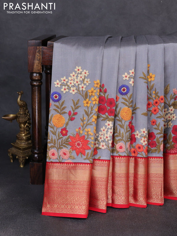 Pure kanchipuram silk saree grey and red with allover floral digital prints and rich zari woven border