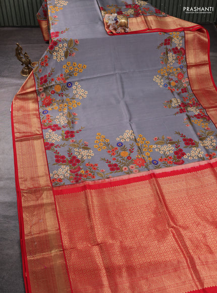 Pure kanchipuram silk saree grey and red with allover floral digital prints and rich zari woven border