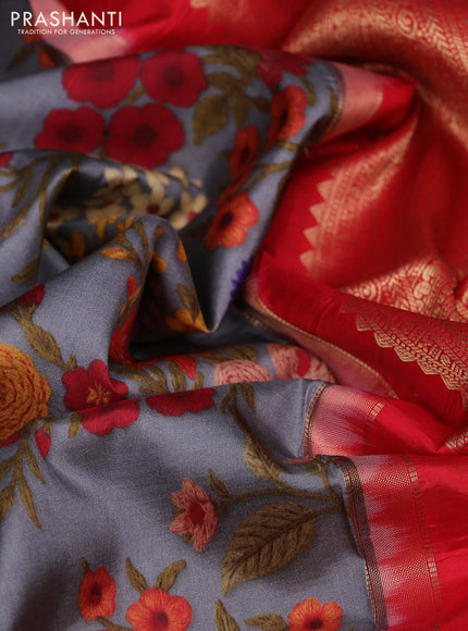 Pure kanchipuram silk saree grey and red with allover floral digital prints and rich zari woven border