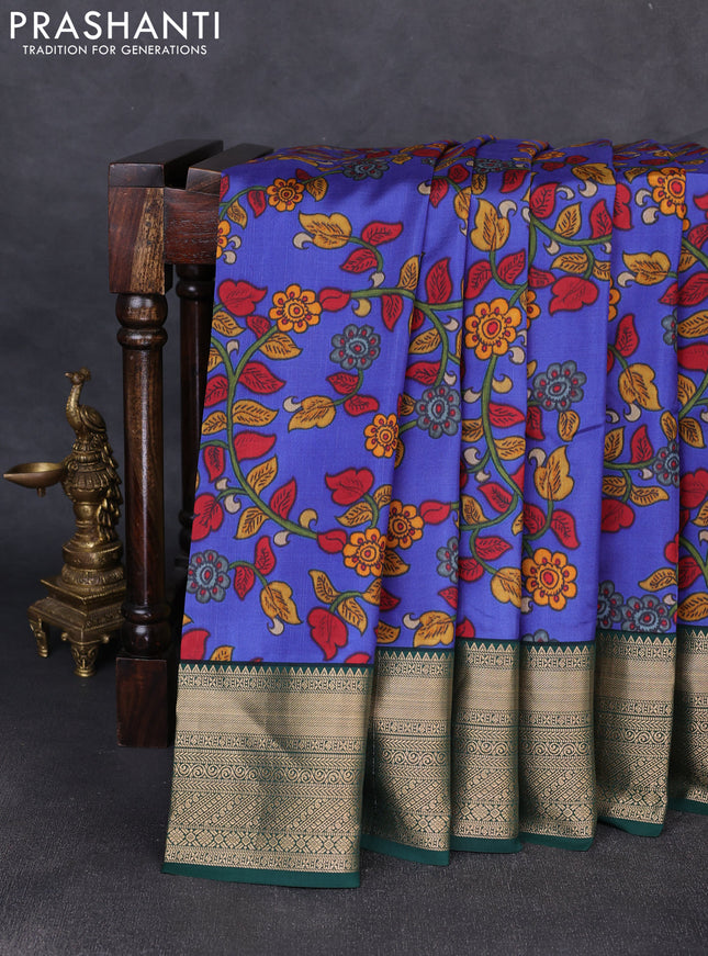 Pure kanchipuram silk saree blue and bottle green with allover kalmkari digital prints and rich zari woven border