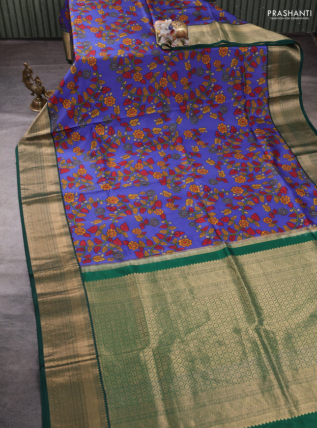 Pure kanchipuram silk saree blue and bottle green with allover kalmkari digital prints and rich zari woven border