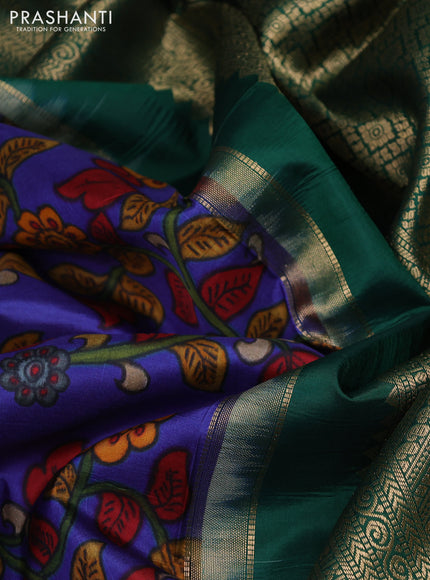 Pure kanchipuram silk saree blue and bottle green with allover kalmkari digital prints and rich zari woven border