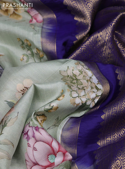 Pure kanchipuram silk saree pastel green and dark blue with allover floral digital prints and rich zari woven border