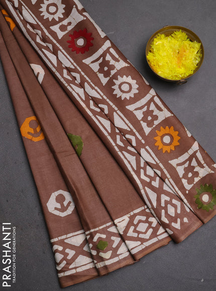 Batik cotton saree brown with butta prints and batik printed border