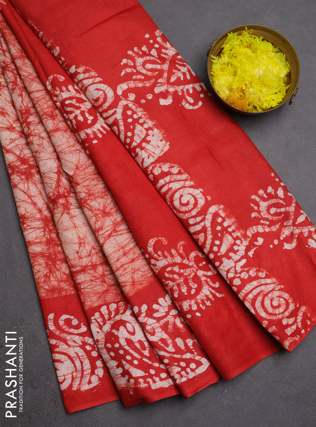 Batik cotton saree red with allover prints and batik printed border