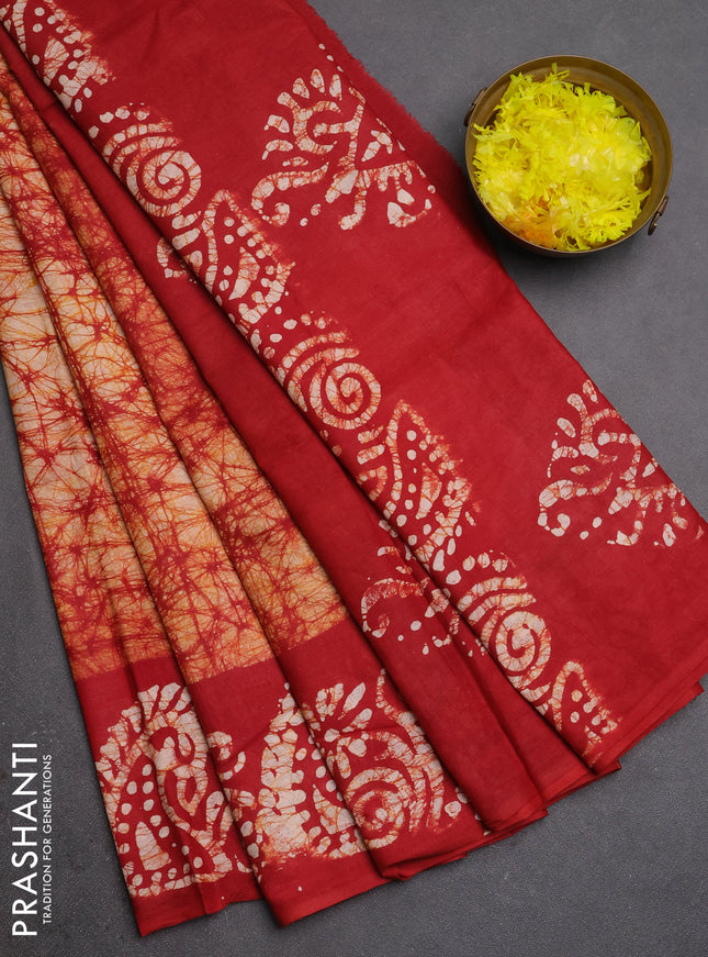 Batik cotton saree mustard yellow and maroon with allover prints and batik printed border
