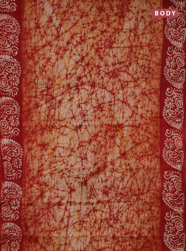Batik cotton saree mustard yellow and maroon with allover prints and batik printed border