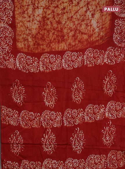 Batik cotton saree mustard yellow and maroon with allover prints and batik printed border