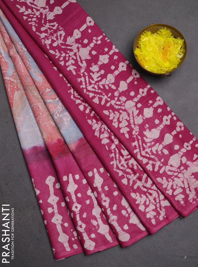 Batik cotton saree multi colour and magenta pink with allover prints and batik printed border
