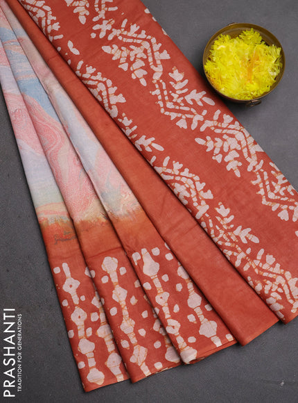 Batik cotton saree multi colour and rust shade with allover prints and batik printed border