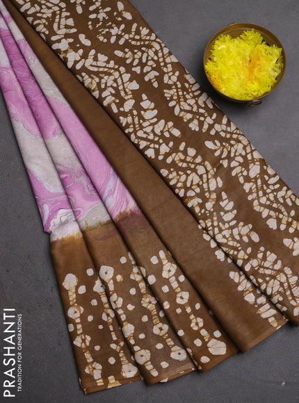 Batik cotton saree purple and mustard green with allover prints and batik printed border