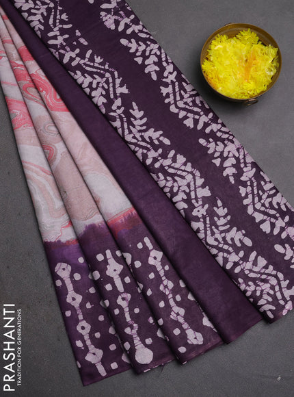 Batik cotton saree peach pink and deep purple with allover prints and batik printed border