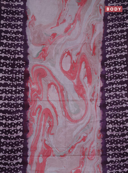 Batik cotton saree peach pink and deep purple with allover prints and batik printed border
