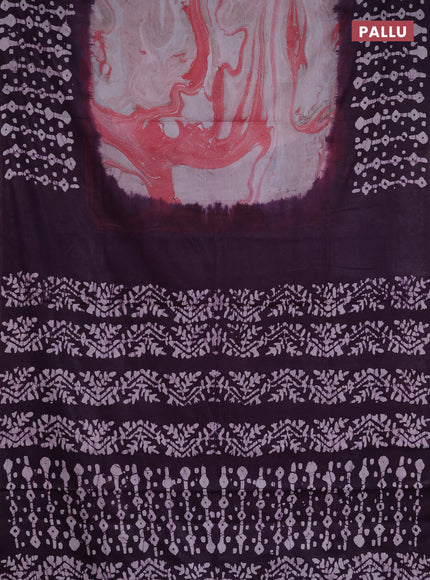 Batik cotton saree peach pink and deep purple with allover prints and batik printed border