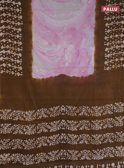 Batik cotton saree pink and mustard green with allover prints and batik printed border