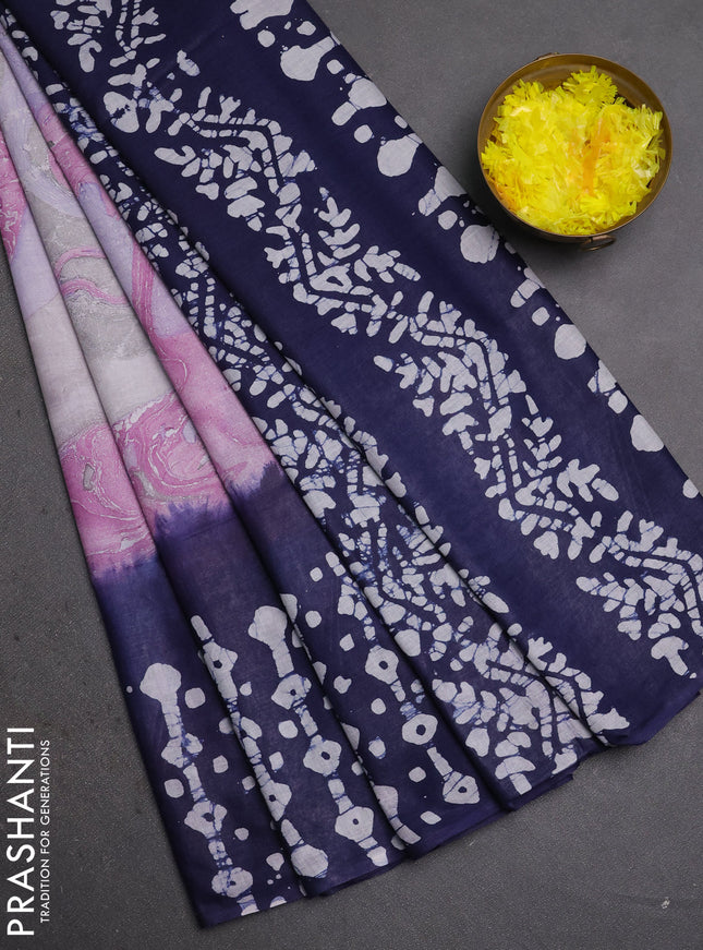 Batik cotton saree lavender and navy blue with allover prints and batik printed border