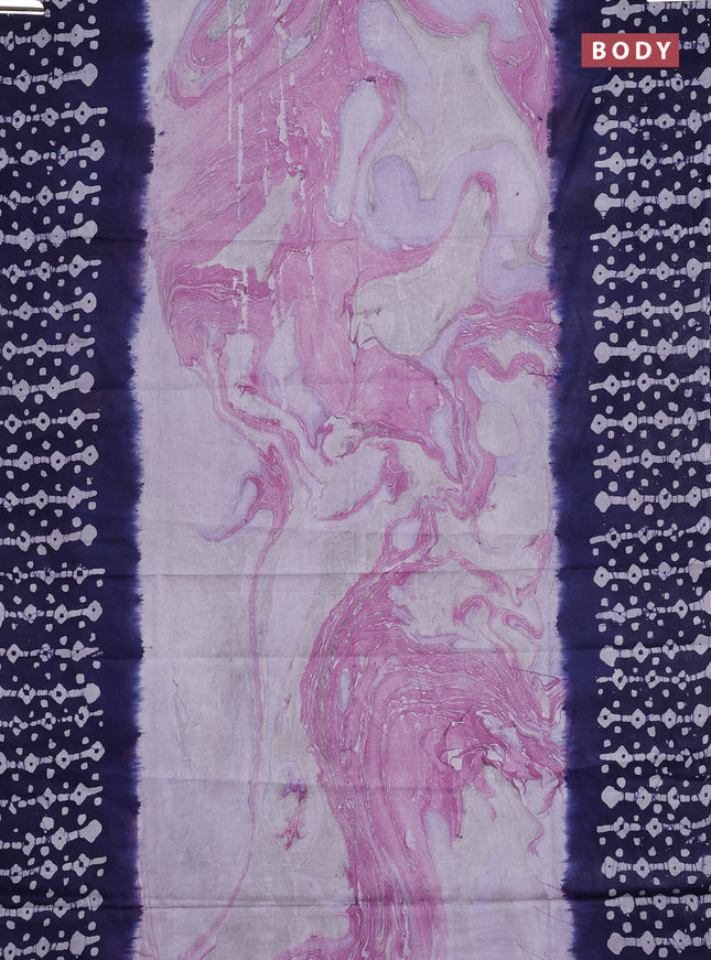 Batik cotton saree lavender and navy blue with allover prints and batik printed border