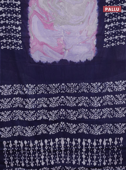 Batik cotton saree lavender and navy blue with allover prints and batik printed border