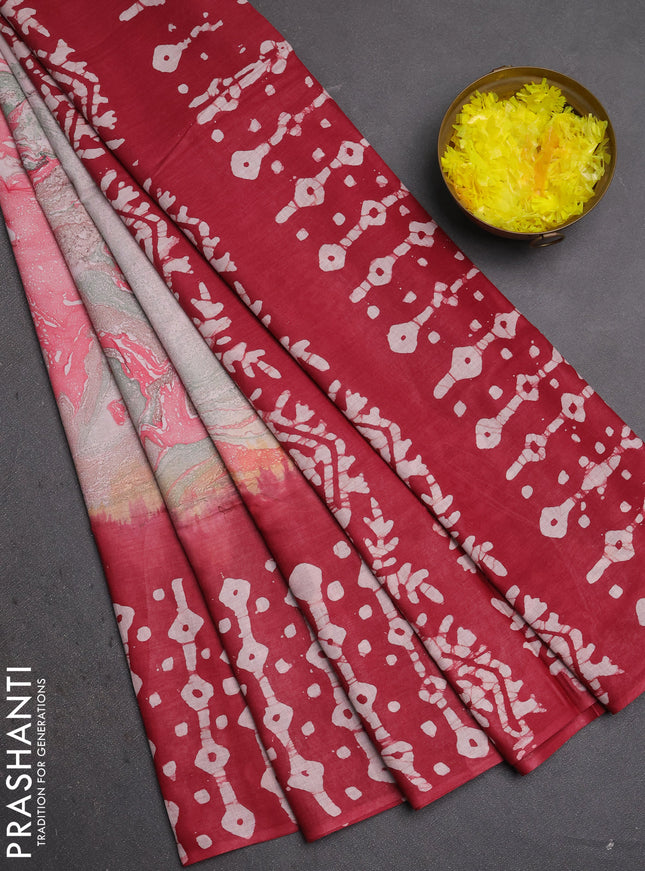 Batik cotton saree multi colour and maroon with allover prints and batik printed border