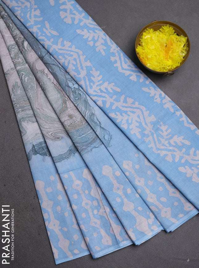 Batik cotton saree multi colour and light blue with allover prints and batik printed border