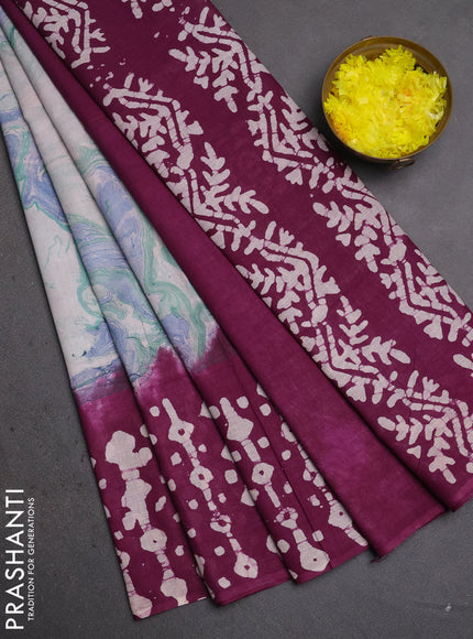 Batik cotton saree multi colour and purple with allover prints and batik printed border
